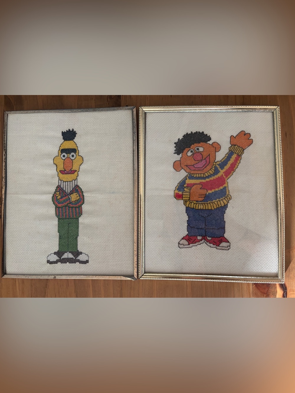 Vintage Sesame Street Bert and Ernie Handcrafted Cross Stitch Framed Pictures